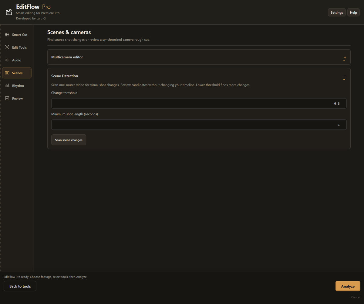 EditFlow Pro scene detection panel